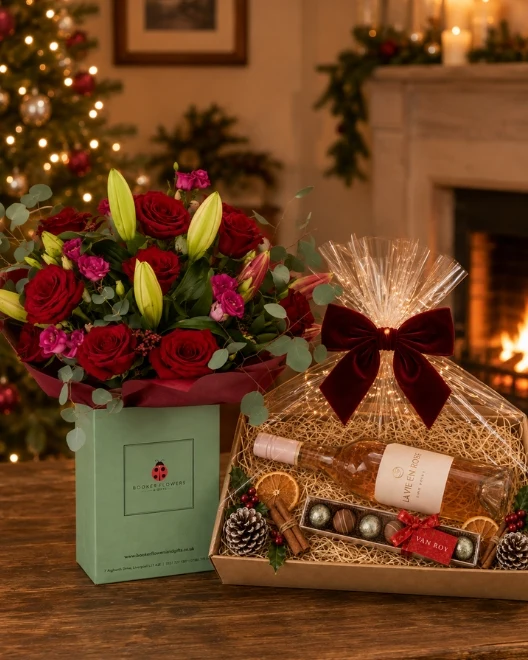 Midwinter Blush Christmas Bouquet with Rose and Belgian Chocolate Gift Set Hamper