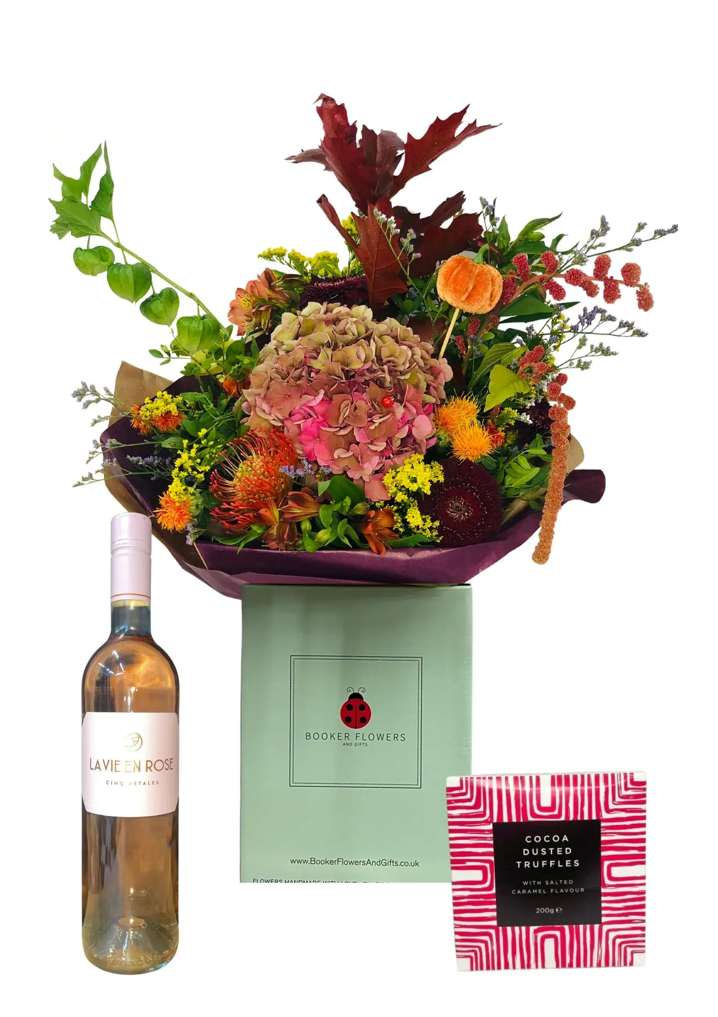 Autumn Garden Handtied Bouquet of Flowers wine and chocolates gift set