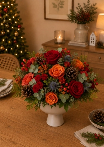 Berry and Bright Christmas Rose Bowl Flower Arrangement