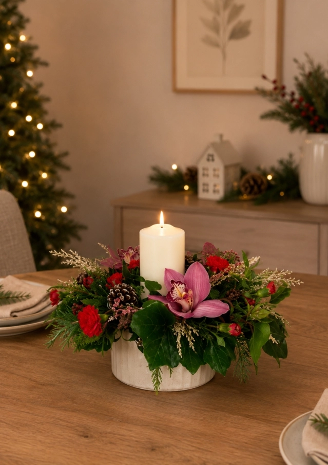 Classy Christmas Pink Red and Gold Pillar Candle Centrepiece
