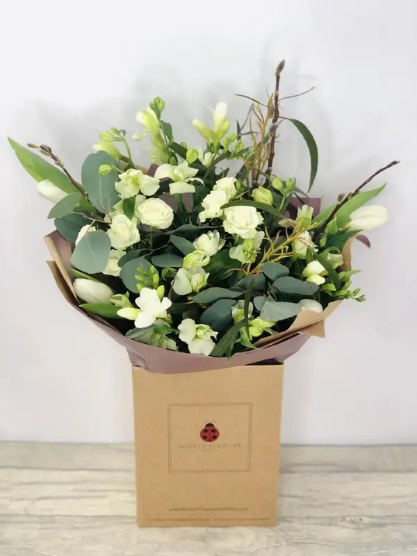 Mothers Day Pearls and Eucalyptus Bouquet of Flowers