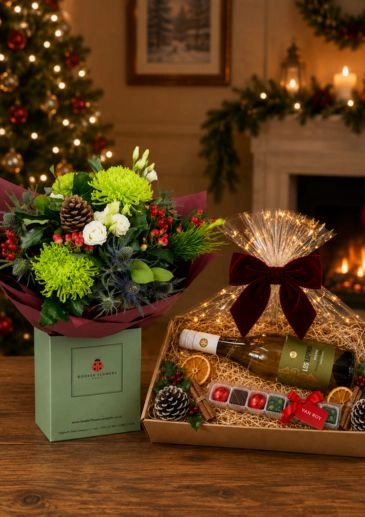 Natural Christmas Bouquet Christmas Flowers Chocolate and White Wine Gift Hamper