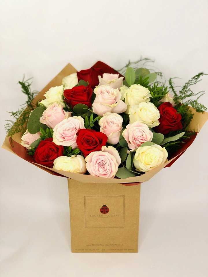 Red White and Pink Rose Medley Handtied Large