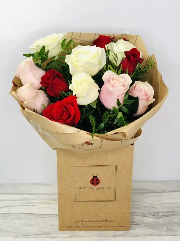 Red White and Pink Rose Medley Handtied